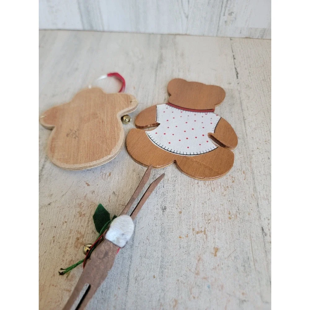 Vintage Santa Claus Bell reindeer wooden ornament Xmas set unique